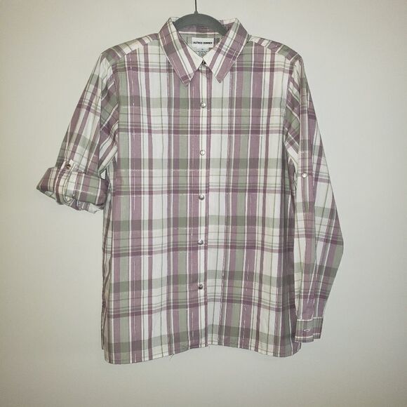 ALFRED DUNNER WHITE PURPLE GREEN SILVER PLAID BUTTON DOWN SHIRT SIZE 12 - Picture 1 of 5